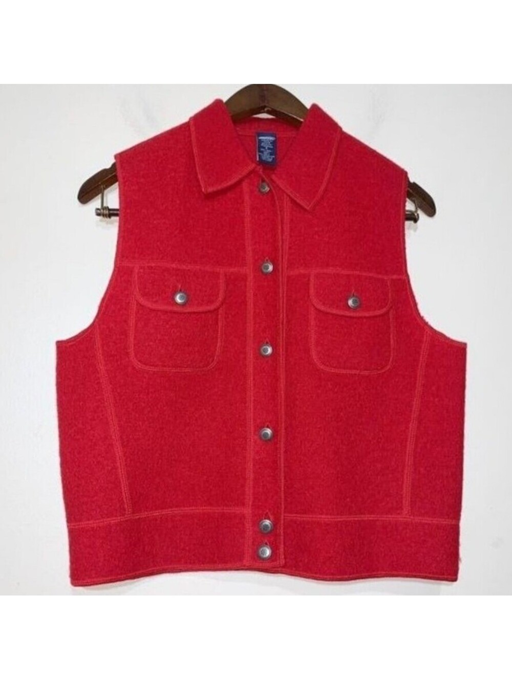 Lands End Red 100% Booled Wool Vest Button Up Collar Pockets Size 6 RN 62830